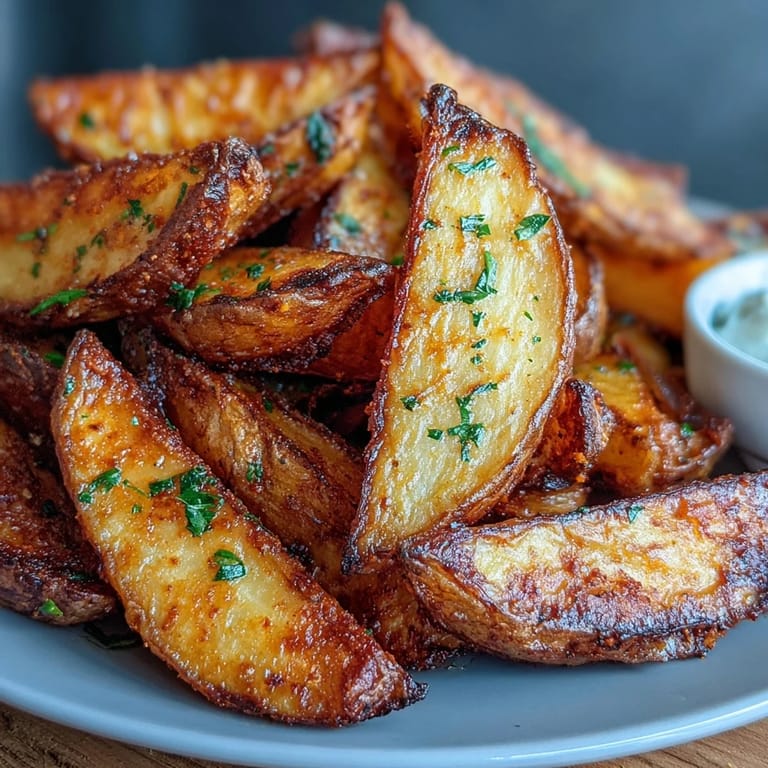 Flavorful air-fried potato wedges served with a tangy, herby spring onion dip—ideal for parties or appetizers.  