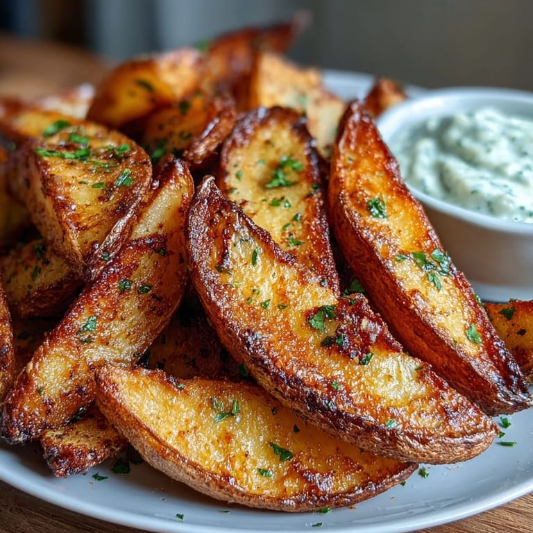 Golden-brown potato wedges fresh from the air fryer, paired with a cool, creamy spring onion dip for dipping.