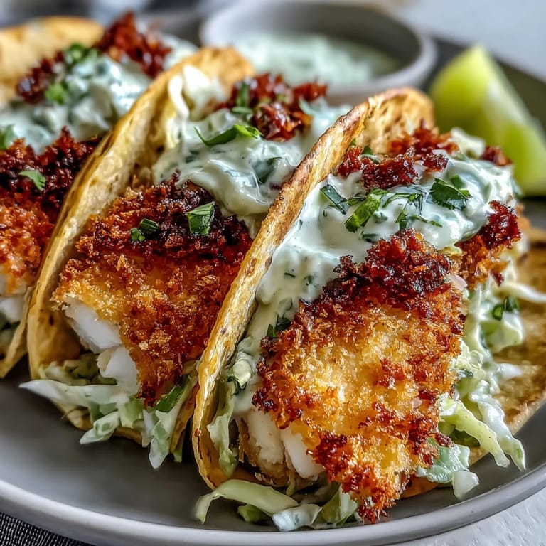 Golden air fryer fish tacos topped with crunchy cabbage slaw and drizzled with creamy lime sauce.