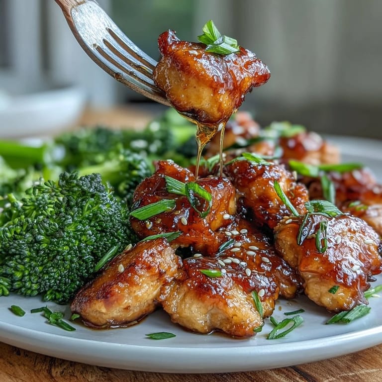 Golden chicken bites tossed in sticky honey garlic glaze, paired with tender-crisp air-fried broccoli for a quick healthy meal.  