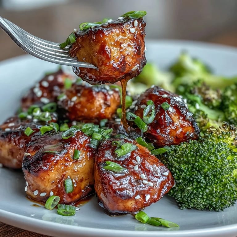 Savory-sweet Air Fryer Honey Garlic Chicken Bites with Broccoli, perfectly glazed and served alongside lightly charred, flavorful broccoli.