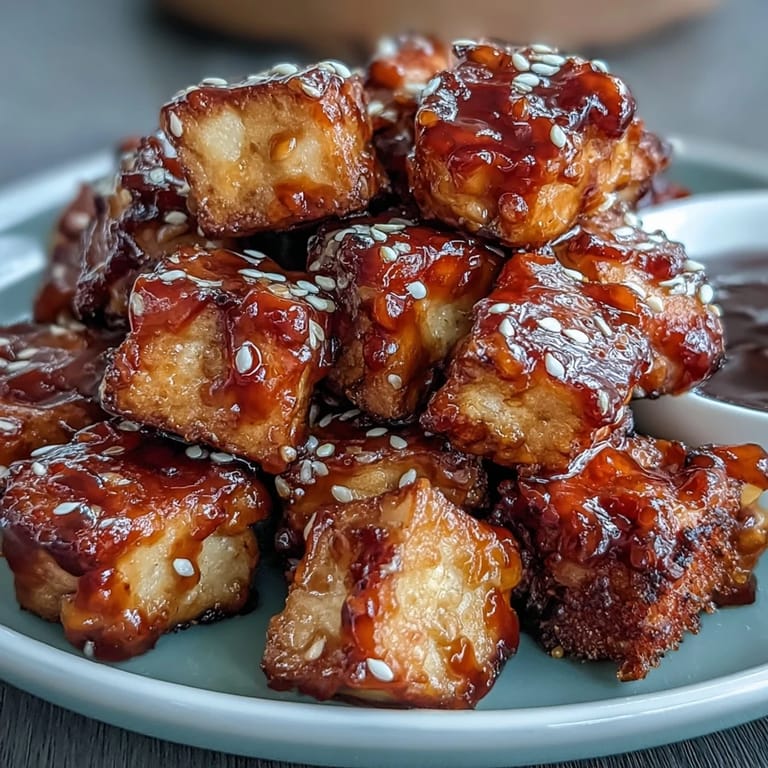 Air-fried tofu bites coated in cornstarch and spices, tossed in tangy sweet chili glaze for a perfect appetizer.  