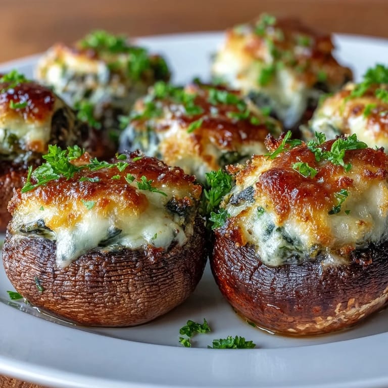 Tender mushrooms stuffed with rich cream cheese and fresh spinach, air fried until irresistibly golden and bubbling. Easy, low-carb snack or party bite.