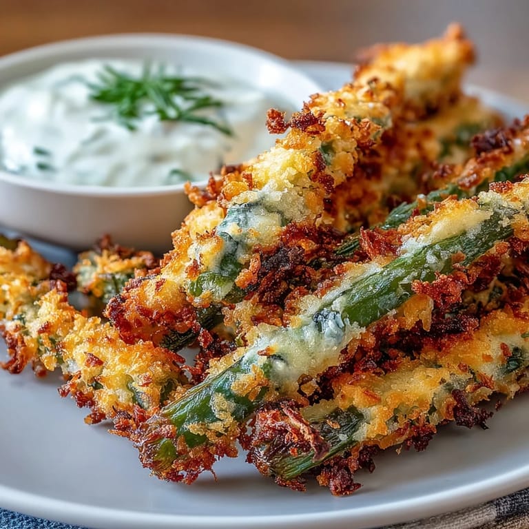 Golden green bean fries with a crunchy panko coating, paired with tangy homemade ranch yogurt dip.  