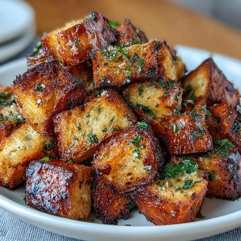 Fragrant garlic and herb-infused sourdough croutons, air fried until golden and crunchy, ideal for soups and salads.  