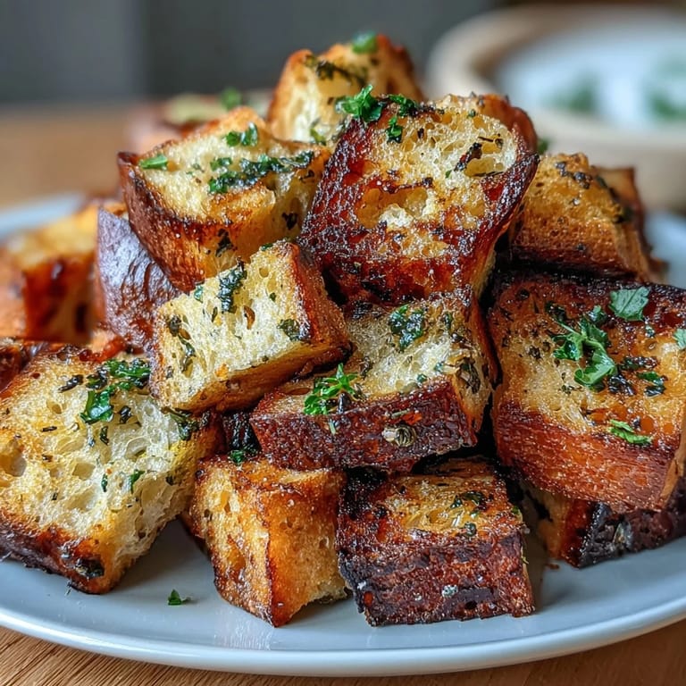 Air fryer sourdough croutons seasoned with garlic and Italian herbs, delivering a crispy, savory bite every time.