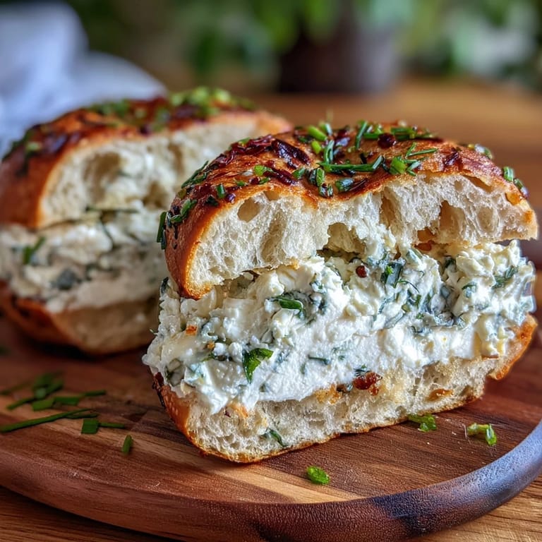 Soft, chewy bagels packed with garlic, herbs, and whey protein, sliced and topped with creamy cottage cheese spread for a nourishing, flavorful morning meal.