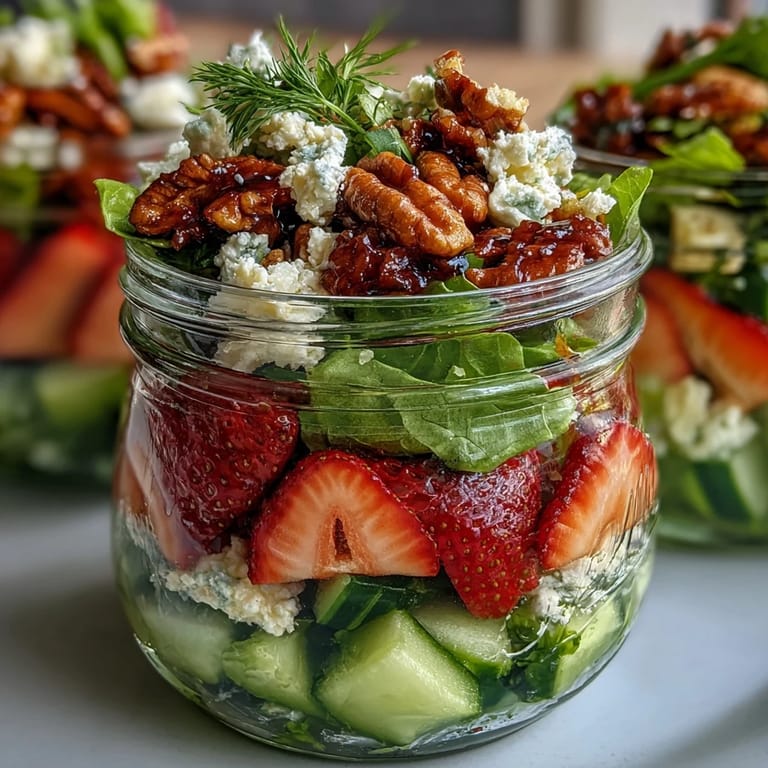 Layered jar salad featuring sweet strawberries, tangy goat cheese, and mixed greens, ideal for healthy on-the-go lunches.