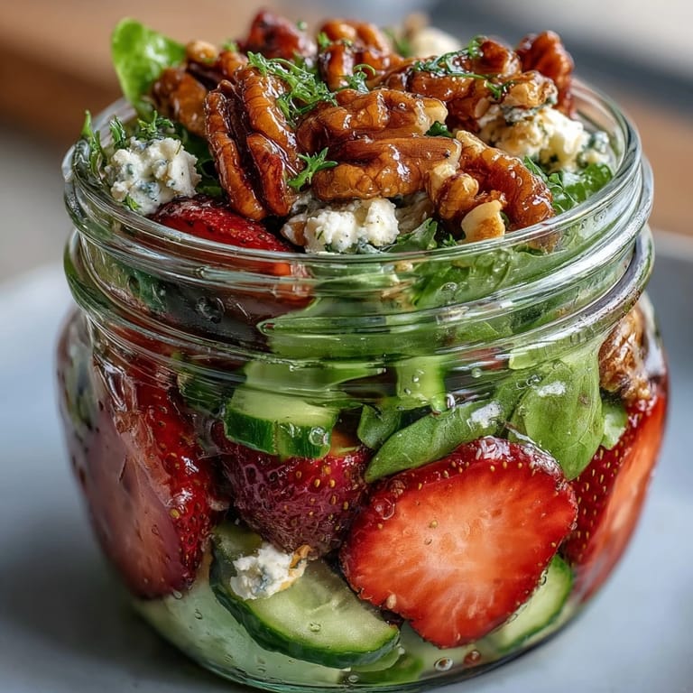 Picnic-ready jar salad with sliced strawberries, crumbled goat cheese, toasted nuts, and crisp greens in portable containers.