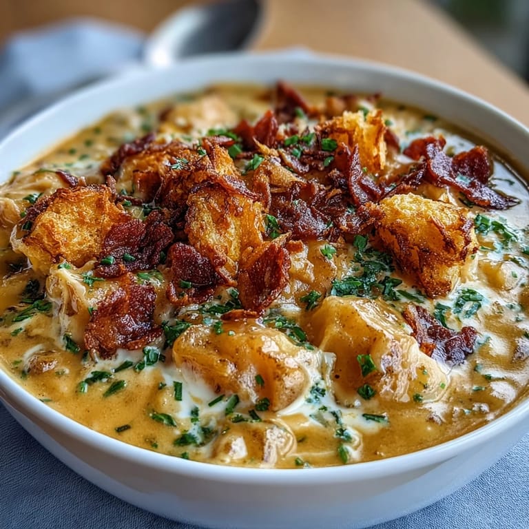 Hearty funeral potatoes loaded baked potato soup with rich cheese, bacon, and crunchy potato chip topping.