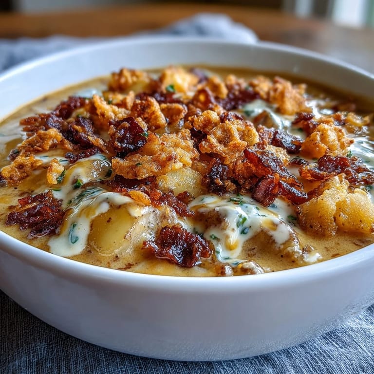 Warm bowl of loaded baked potato soup inspired by funeral potatoes, garnished with chives and sour cream.