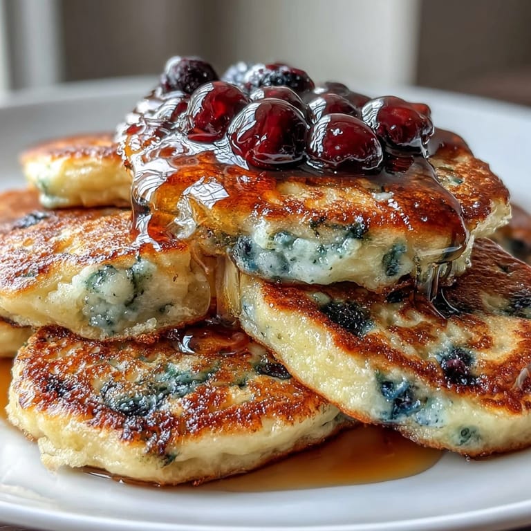 Bright lemon zest and tangy sourdough flavor shine through in these blueberry-studded pancakes, perfect for a cozy weekend breakfast.