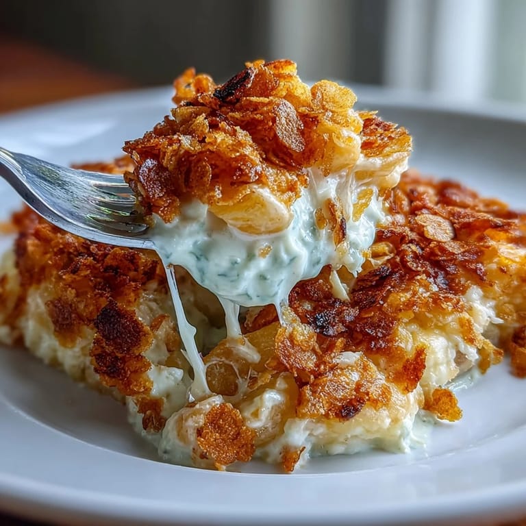 Shredded hash browns mixed with reduced-fat cheese and Greek yogurt sauce, baked with a buttery cornflake crust for gatherings.