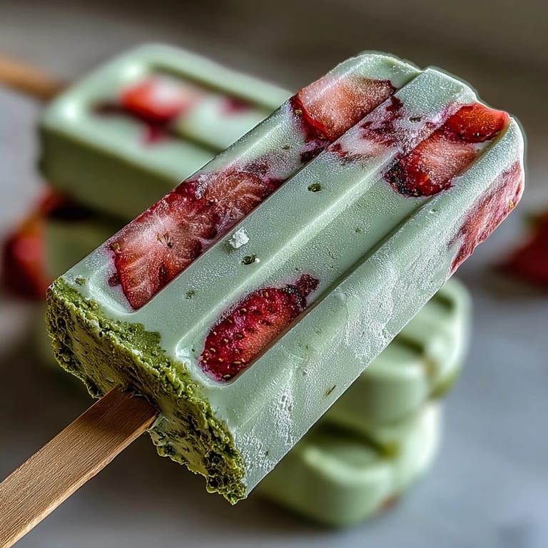Beautiful layered popsicles featuring fresh strawberries and rich matcha latte, making a delightful spring dessert.