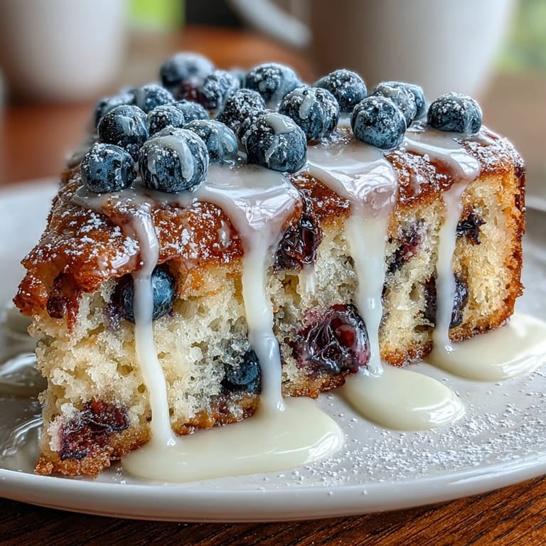 Fresh sourdough skillet cake baked with plump blueberries and bright lemon zest, finished with a glossy lemon icing drizzle.