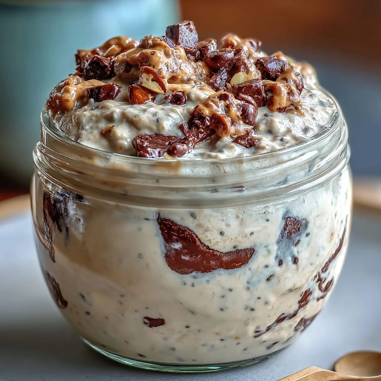 Hearty breakfast jar of protein cookie dough overnight oats, topped with crunchy walnuts and rich dark chocolate chips.