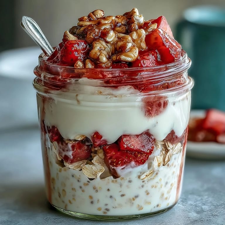 Strawberry Shortcake Overnight Oats with Vanilla Yogurt: Luscious overnight oats mixed with chia seeds and honey, layered with juicy strawberries and creamy vanilla yogurt.