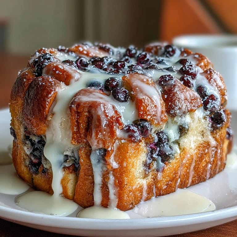 Pull-apart sourdough bread filled with fresh blueberries and lemon zest, drizzled with tangy lemon glaze for a sweet brunch treat.