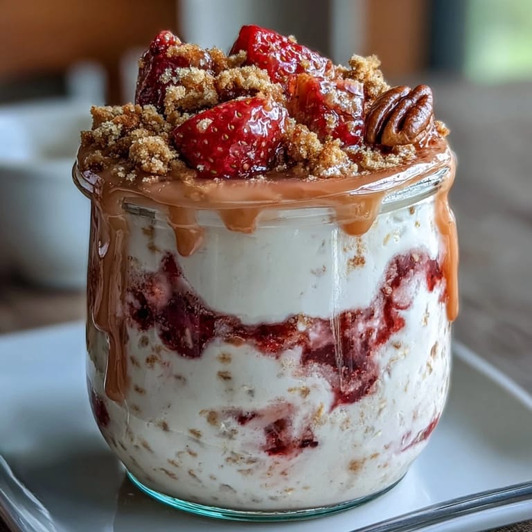 Healthy strawberry cheesecake overnight oats served in a jar with graham cracker crumble and vibrant red berries on top.