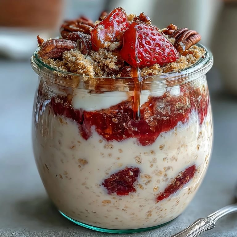 Creamy overnight oats layered with strawberries and cheesecake flavor, topped with crushed graham crackers for a dessert-inspired breakfast.
