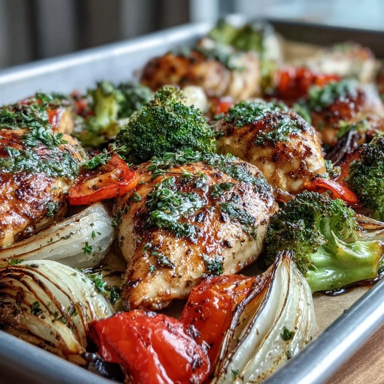 Easy one-pan meal featuring juicy chicken breasts and caramelized veggies, perfect for quick weeknight dinners.  