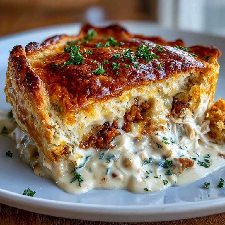 A bubbling skillet of tender chicken, carrots, celery, and peas in a velvety sauce, crowned with buttery biscuit rounds fresh from the oven.