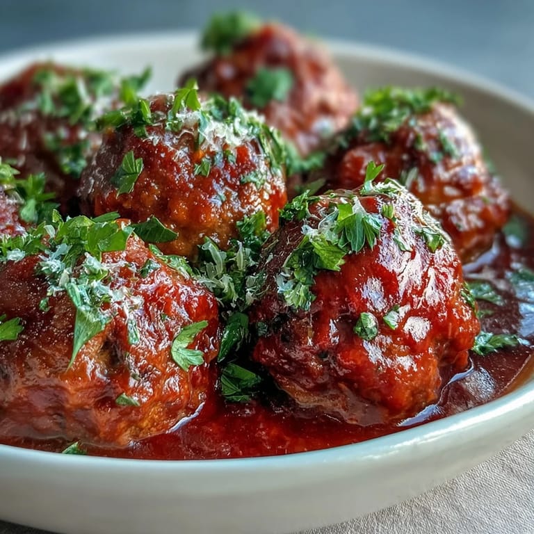 Tender beef meatballs simmered in herb-infused tomato sauce, served warm from the slow cooker for easy entertaining.  