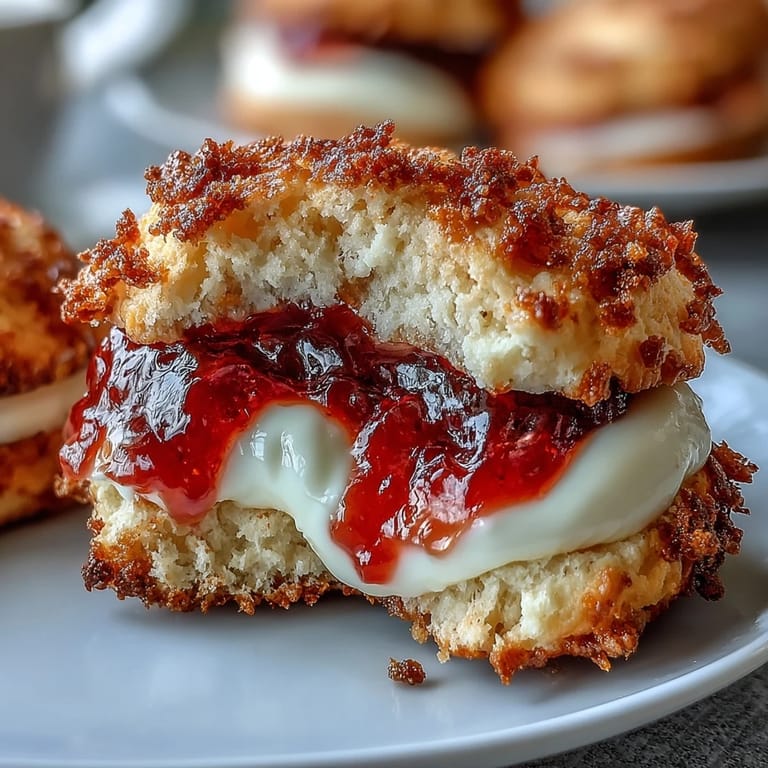 Soft, golden thumbprint cookies bursting with clotted cream and strawberry jam, ideal for dessert or snack.