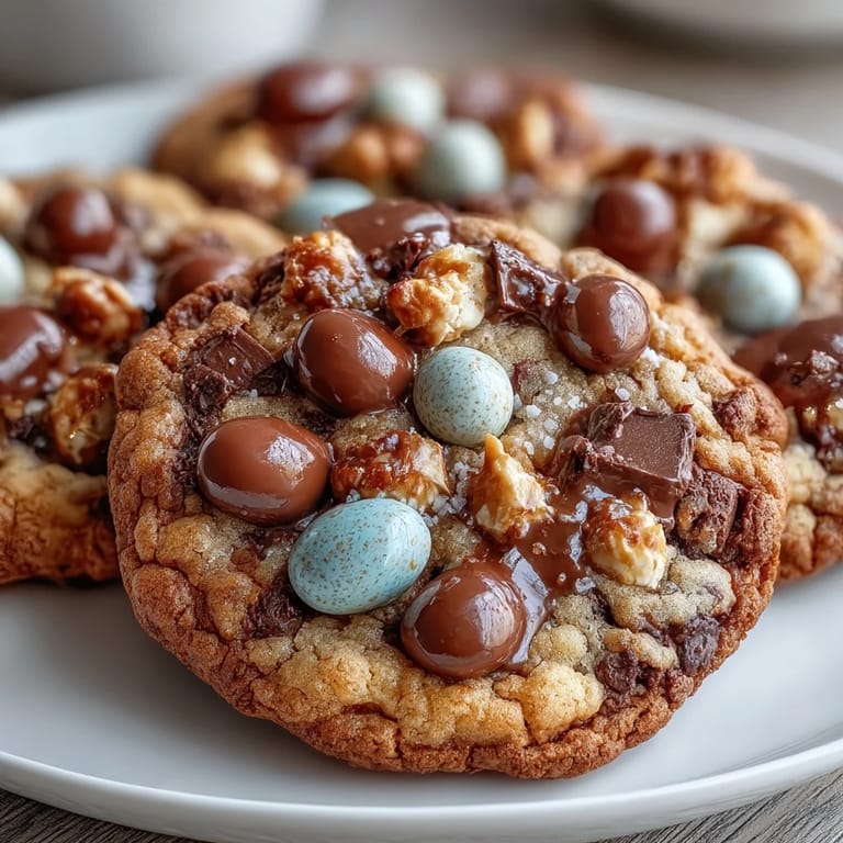 Chewy chocolate chip cookies loaded with Cadbury Mini Eggs, offering bursts of creamy chocolate and crunchy candy shells in every bite.