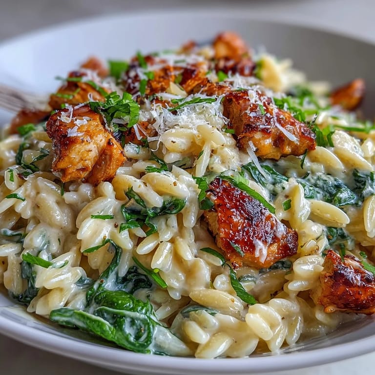 A comforting bowl of Lemon Orzo with Chicken and Spinach, featuring juicy chicken, silky orzo, and vibrant greens in a creamy sauce.