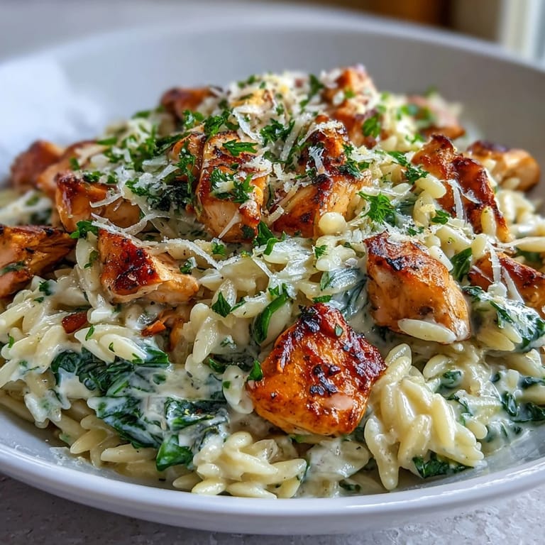 Lemon Orzo with Chicken and Spinach: hearty, Mediterranean-inspired dish with golden chicken, lemon-kissed orzo, and wilted spinach in every bite.