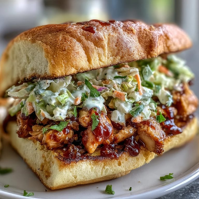 Festive American BBQ chicken sliders with coleslaw, tender pulled chicken in rich BBQ sauce layered with fresh, crunchy coleslaw on golden slider buns.