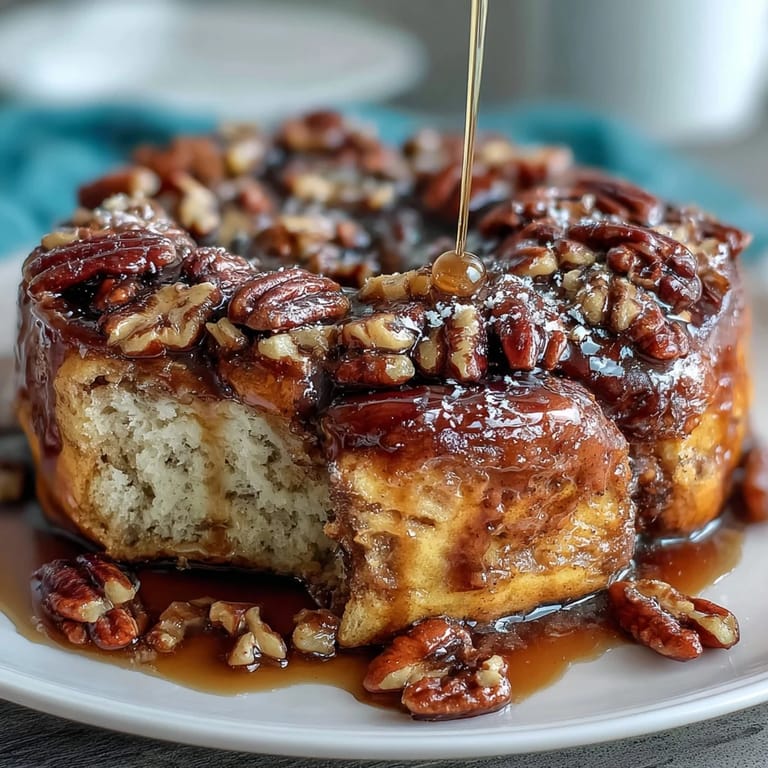Baked pancake casserole topped with chopped nuts and a sweet maple syrup swirl, perfect for brunch.