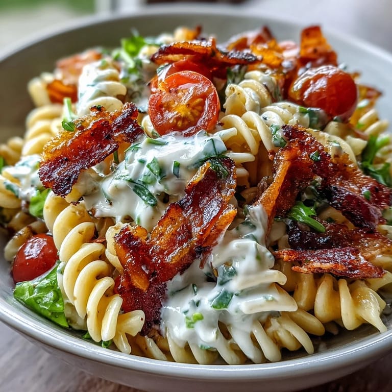 Creamy BLT pasta salad with crispy bacon, ripe avocado, and cherry tomatoes served chilled for a refreshing summer meal.