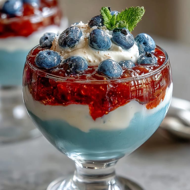 Chilled layered Jello cups in red, white, and blue, a fun and colorful dessert for holidays or gatherings.