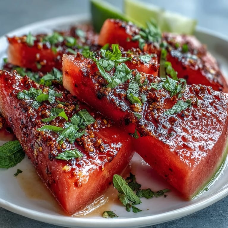 Vibrant watermelon slices dusted with Tajin and drizzled with lime offer the perfect balance of sweet, spicy, and tangy.