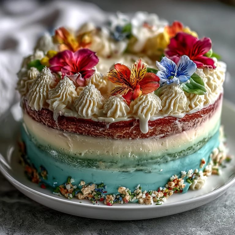 Stunning spring ombre cake with edible flowers, showcasing vibrant pastel layers and creamy frosting in a dreamy dessert.