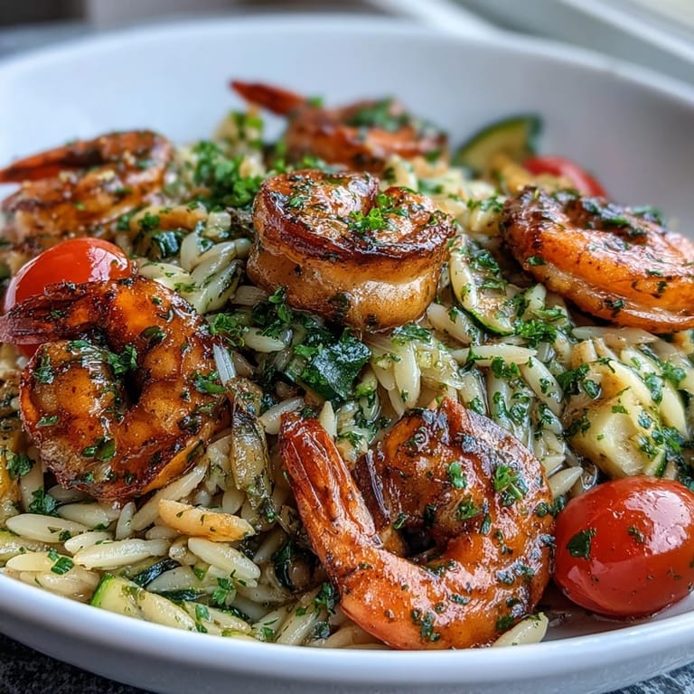 One-Pan Lemon Butter Shrimp and Orzo: Tender shrimp, bright lemon, and orzo pasta cooked together for an easy, flavorful dinner.