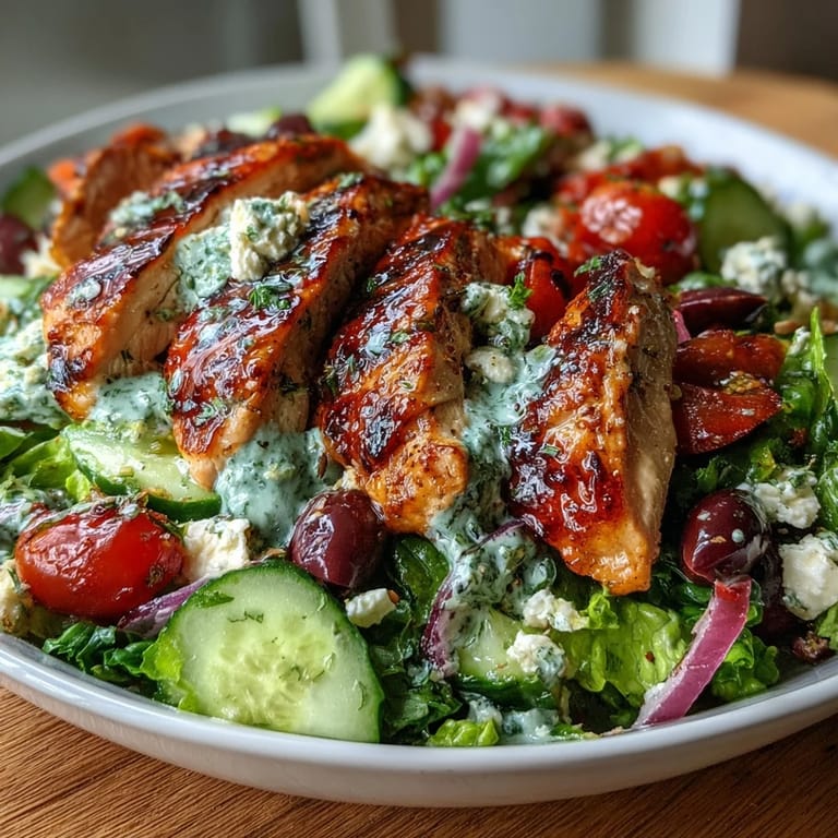 A healthy Greek salad bowl featuring tender grilled chicken, Kalamata olives, and a zesty lemon-oregano dressing.  