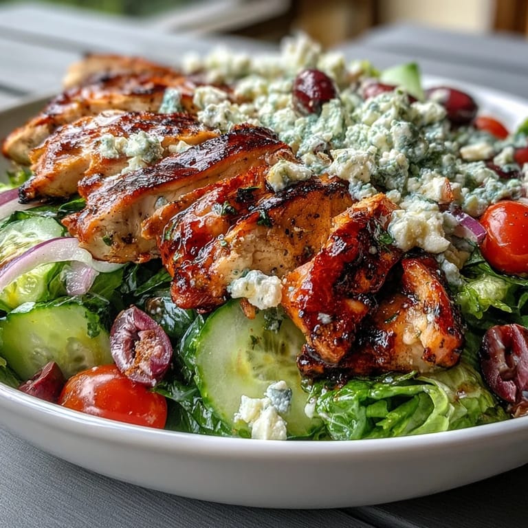 Fresh Greek salad with grilled chicken, cucumber, red onion, and creamy feta, drizzled with red wine vinaigrette.