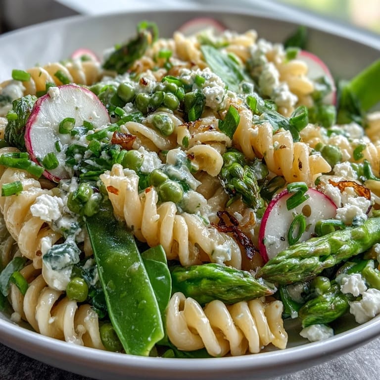 Colorful pasta salad featuring lemon vinaigrette, fresh radishes, and seasonal vegetables—ideal for picnics or spring gatherings.
