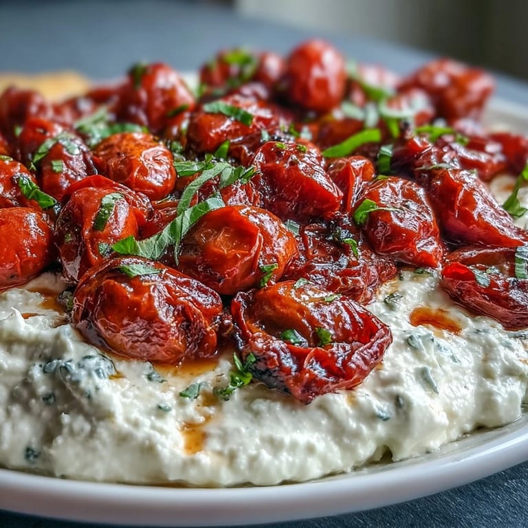 Creamy whipped feta topped with sweet, caramelized cherry tomatoes—an easy Mediterranean appetizer perfect for parties.  