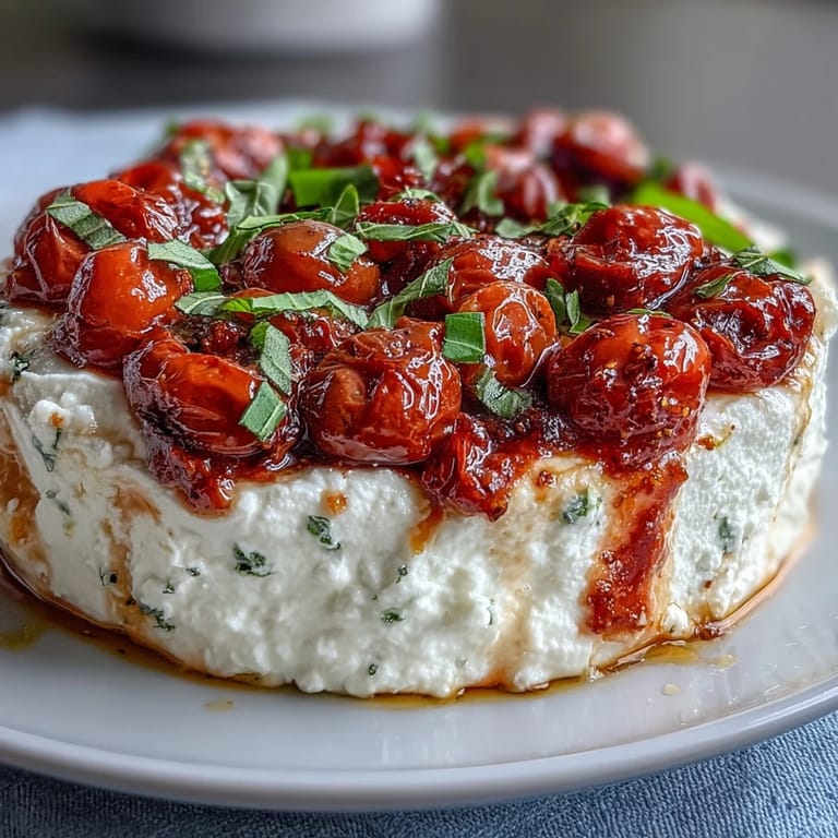 Tangy feta cheese blended smooth and topped with blistered cherry tomatoes, drizzled with olive oil and fresh basil.