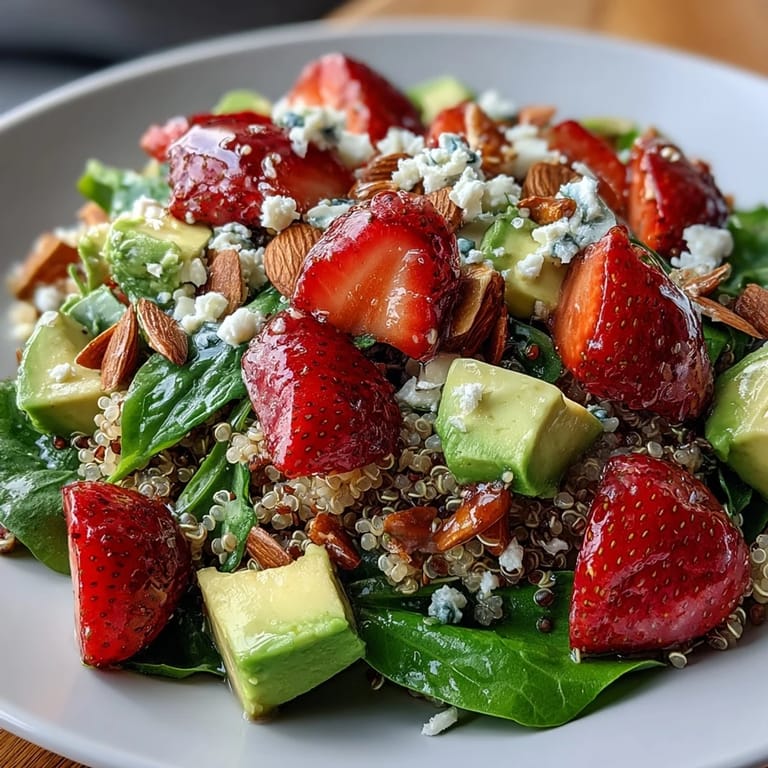 Fresh strawberry avocado quinoa salad with lemon-honey dressing, served with a side of crusty bread and wine.