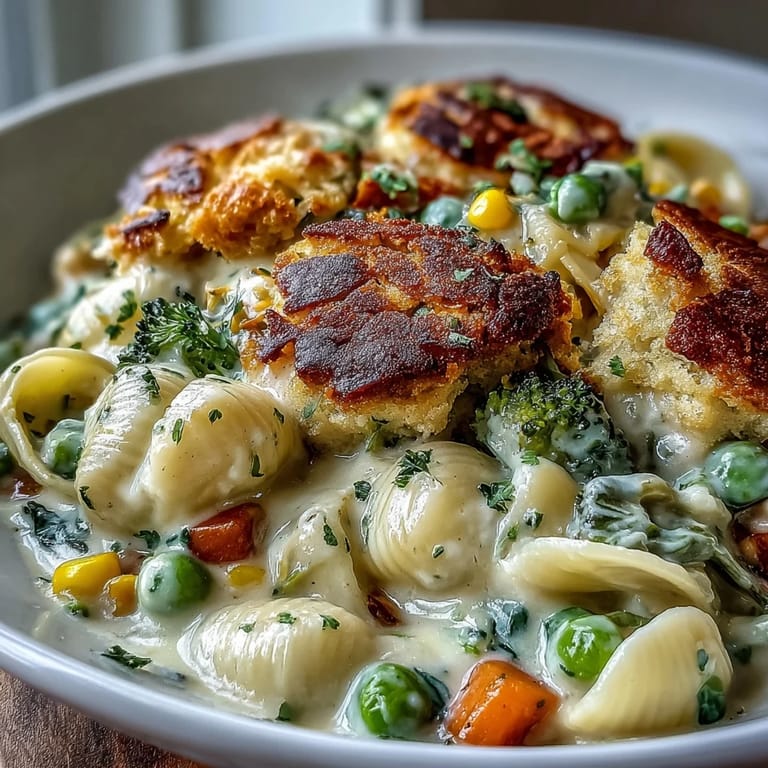 One-pot Creamy Veggie Pot Pie Pasta with peas, corn, and carrots, garnished with fresh parsley and ready to serve.
