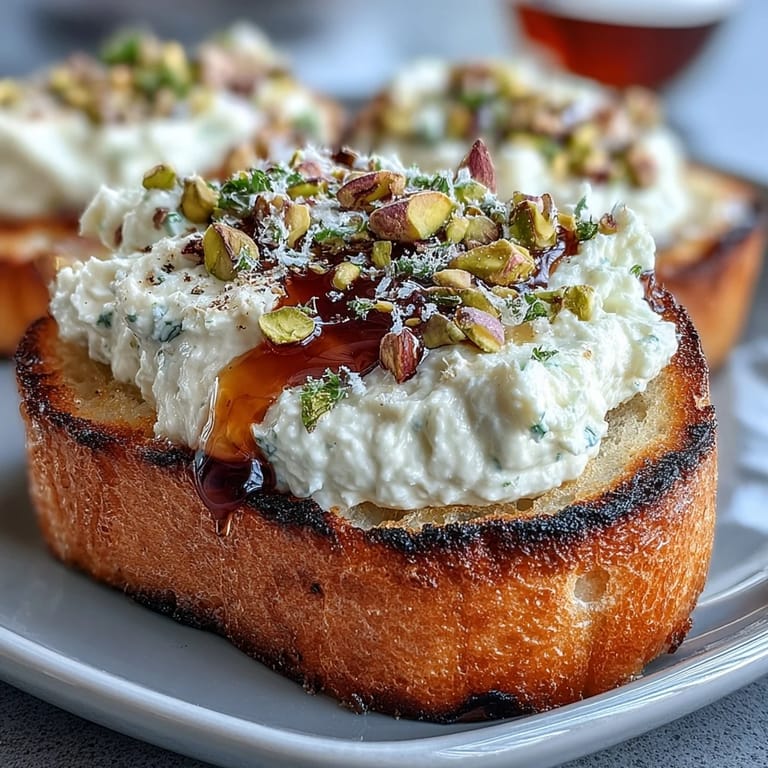 Fluffy whipped ricotta spread on golden sourdough toast, finished with honey, lemon zest, and chopped pistachios for a gourmet bite.
