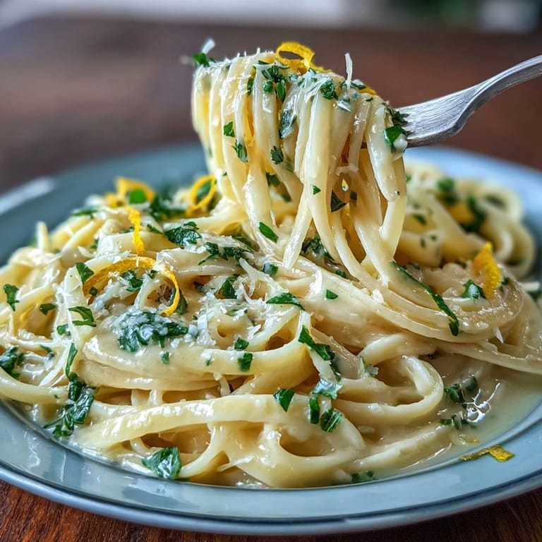 Silky lemon pasta tossed with butter, parmesan, and fragrant basil leaves, served in a white bowl with extra zest.  