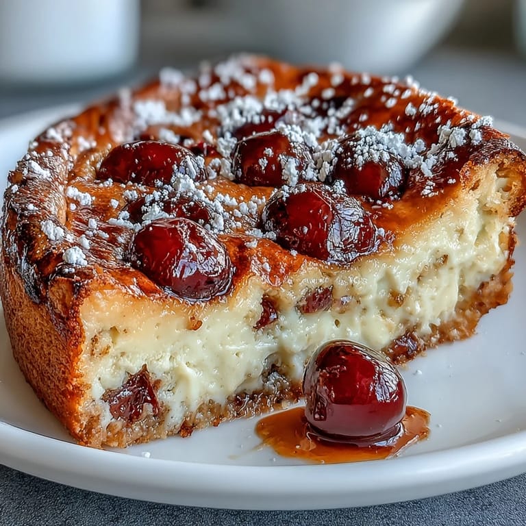 Juicy cherry clafoutis bathed in creamy vanilla custard, dusted with sugar.