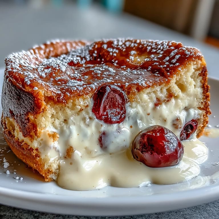 Rustic French cherry clafoutis, a warm, eggy dessert with vibrant fruit.