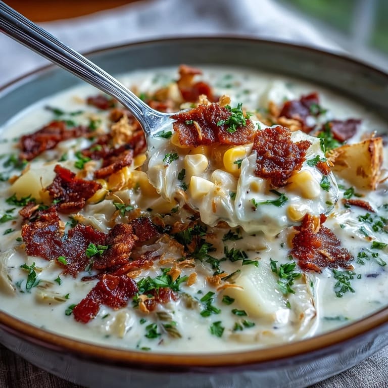 Warm Cabbage Corn Chowder bowl topped with crumbled bacon and fresh parsley, perfect for cozy family dinners.